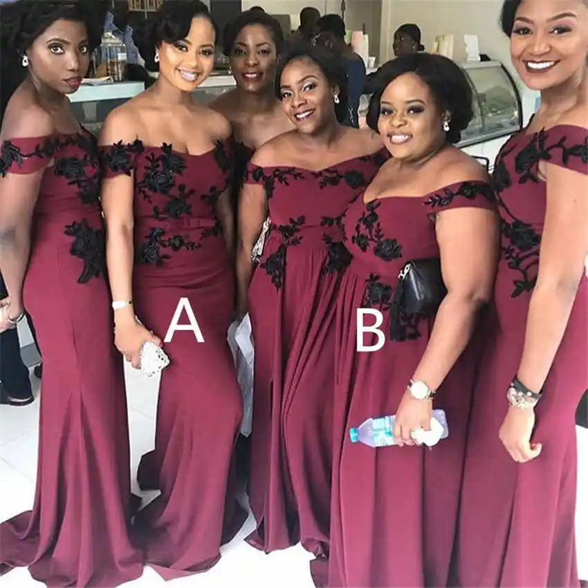 

African Appliques Mermaid Maid of Honor Elegant Offer The Shoulder Plus Size Burgundy Black bridesmaids dresses MBLB526