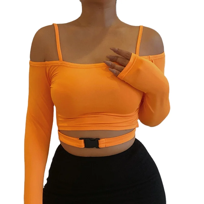 

Wholesale New open waist schoolbag button off shoulder straight neck long sleeve sexy top, Picture show