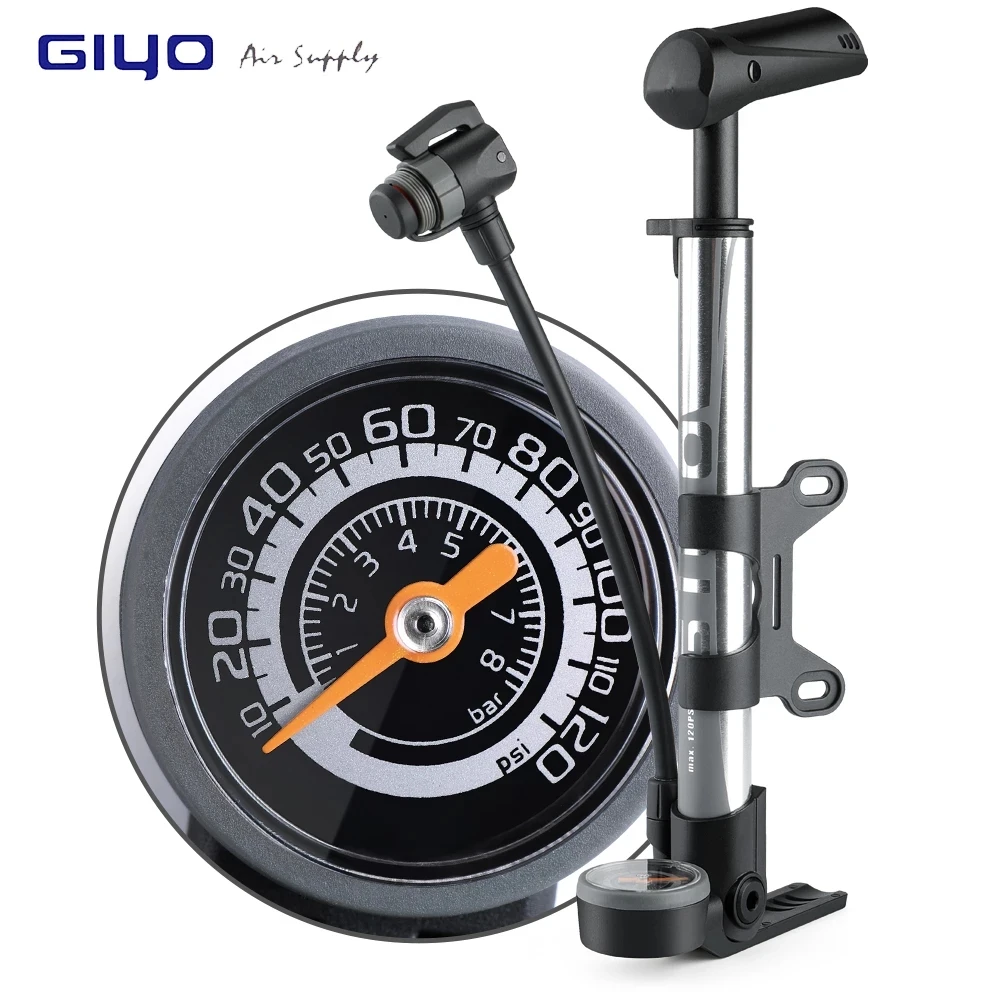 

GIYO Bike Pumps Hose Pressure Gauge 120 PSI Bicycle Air Inflator Pump, Black,silver