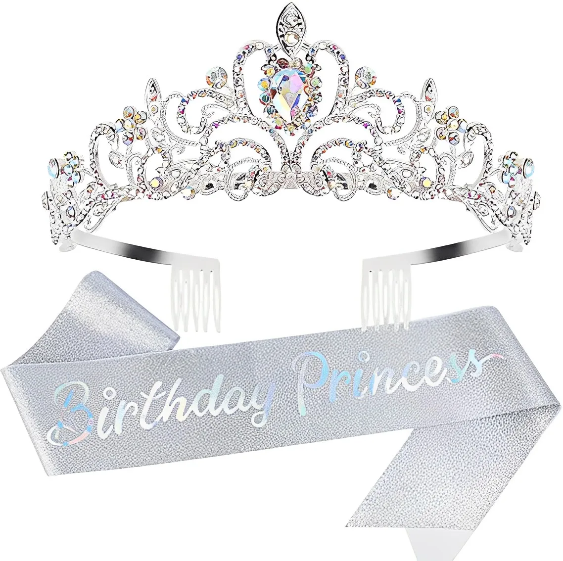 Birthday princess Sash & Crown Tiara Kit - Happy Birthday Queen Tiara for Women Crystal Headband Hair Accessories for caketopper