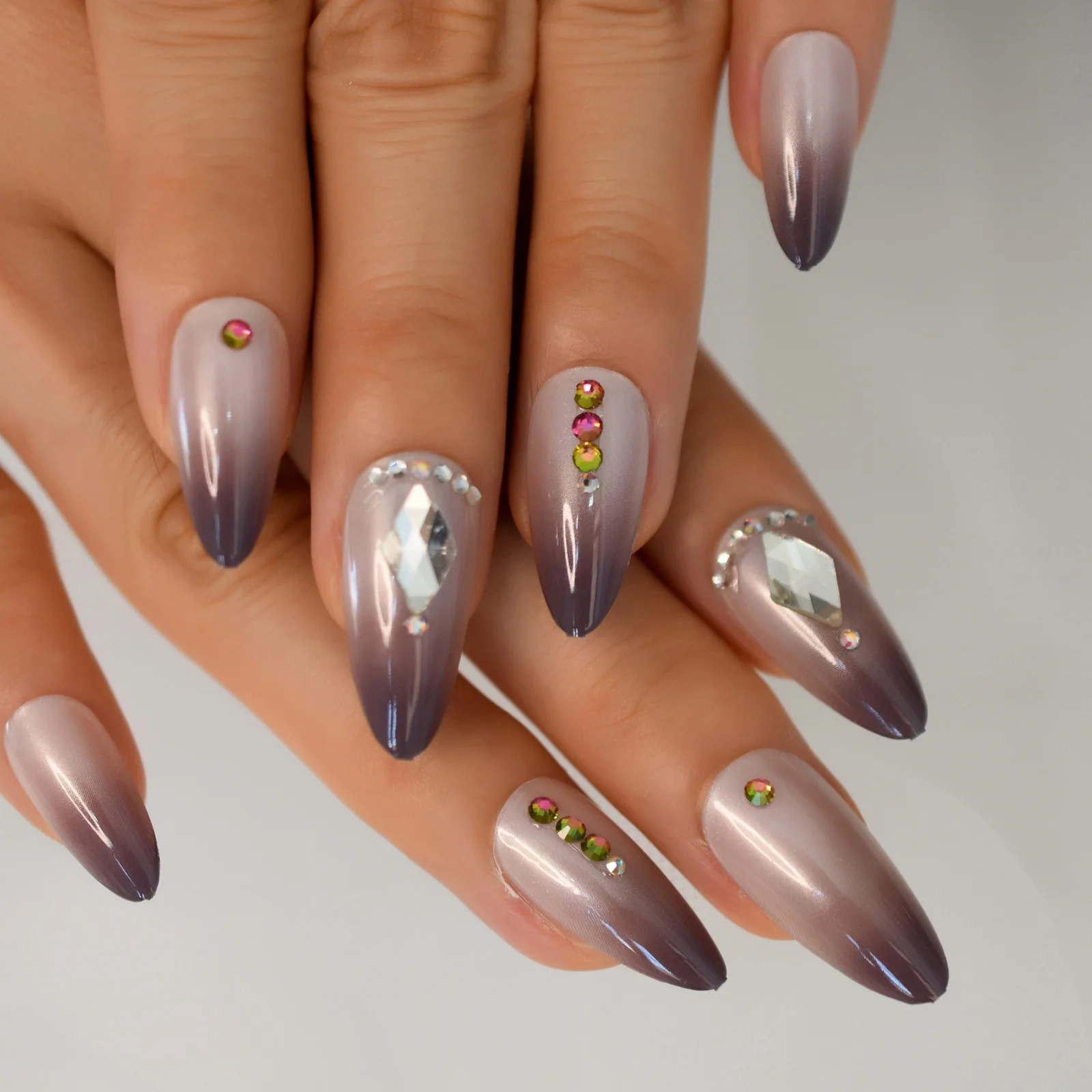 

24pcs Purple False Nail Rhinestone Decoration Gradient Long Almond Nail Wearable Artificial Fingernails