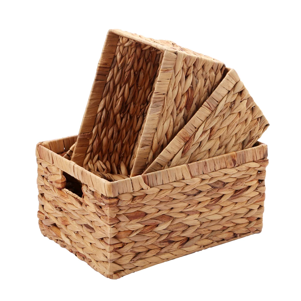 

New design Natural Water Hyacinth Grass Woven Rectangular Storage Basket Set for home