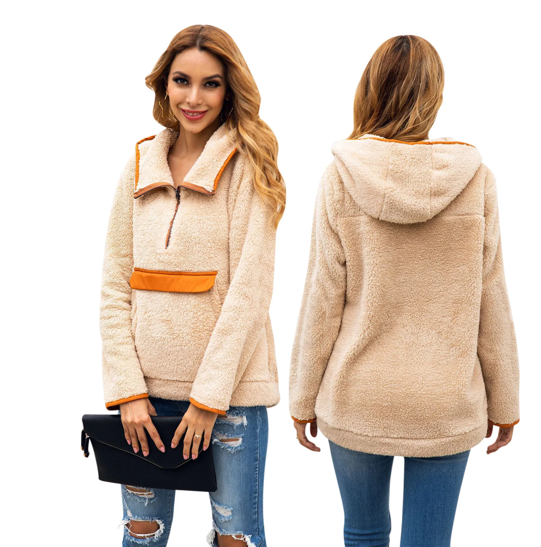 

3 Colors Turn-down Collar Hoodies Women Long Sleeve Half Zipper Fuzzy Fleece Pullover Sherpa Jacket Sweatshirts Ladies, Deep apricot, deep pink, light grey