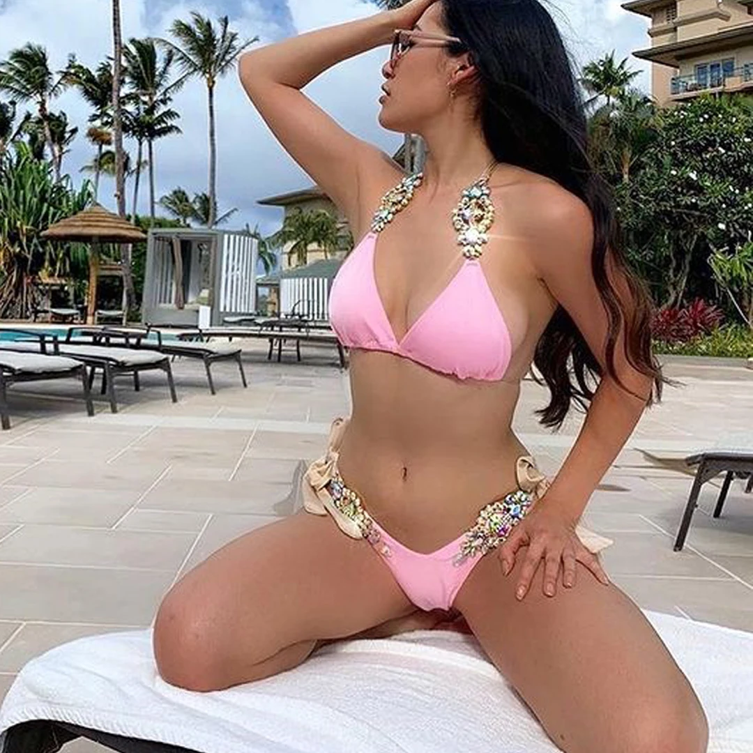 

amazon best selling shiny bra swimsuit sexy girls bikini luxury rhinestone bikini, Pink