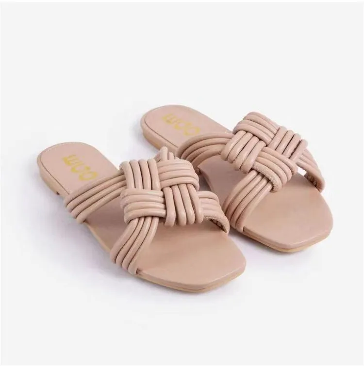 

New arrival female ladies women's anti slip pu leather summer woven one strap slippers and sandals flat shoes comfort for women