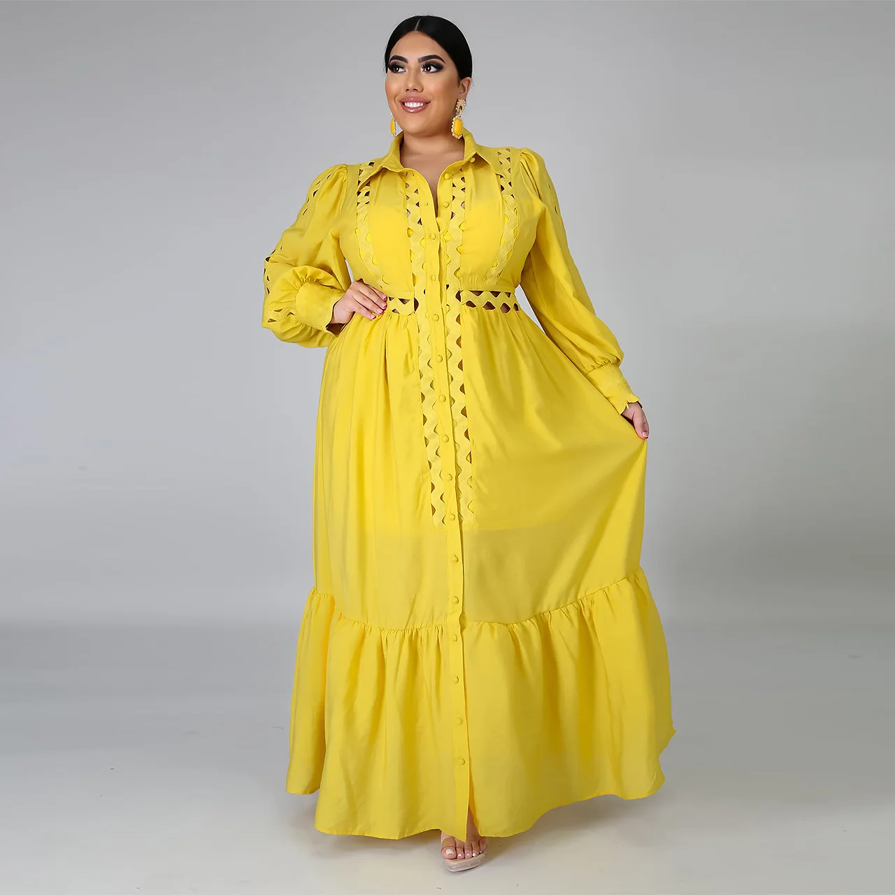Foma Clothing YF1260 plus size XL-5XL Autumn 2020 women's solid color big skirt with high waist closing suit collar fall dress
