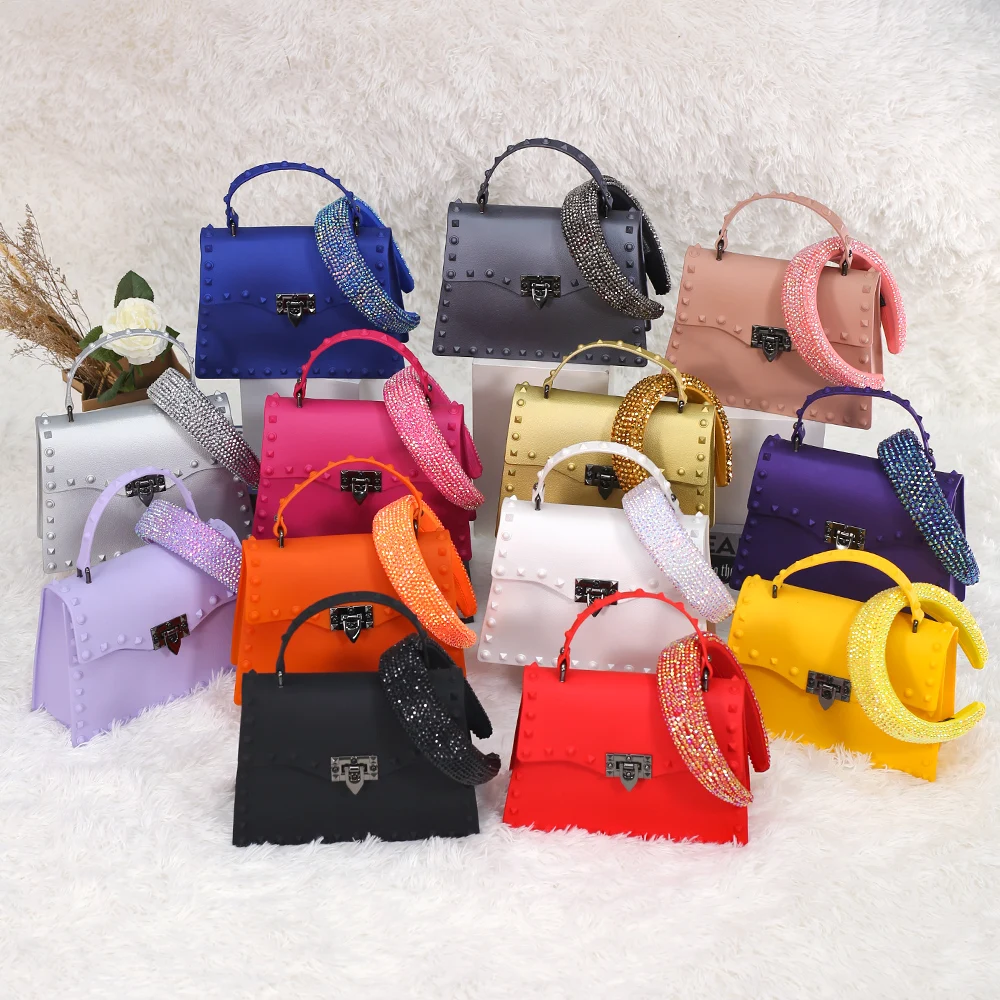 

Factory Price Wholesale 2021 Amazon Hot Sale Women Handbags Rivet Jelly Bag And Headband Combination Ladies Hand Bags Rivet, 13 colors