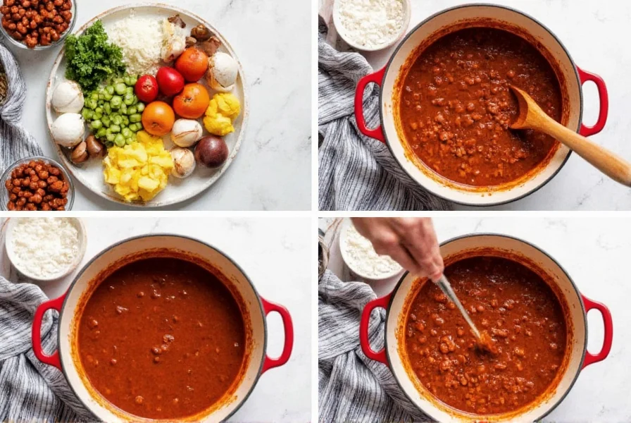 Step-by-step process of making turkey chili in a Dutch oven with ingredients arranged neatly around it
