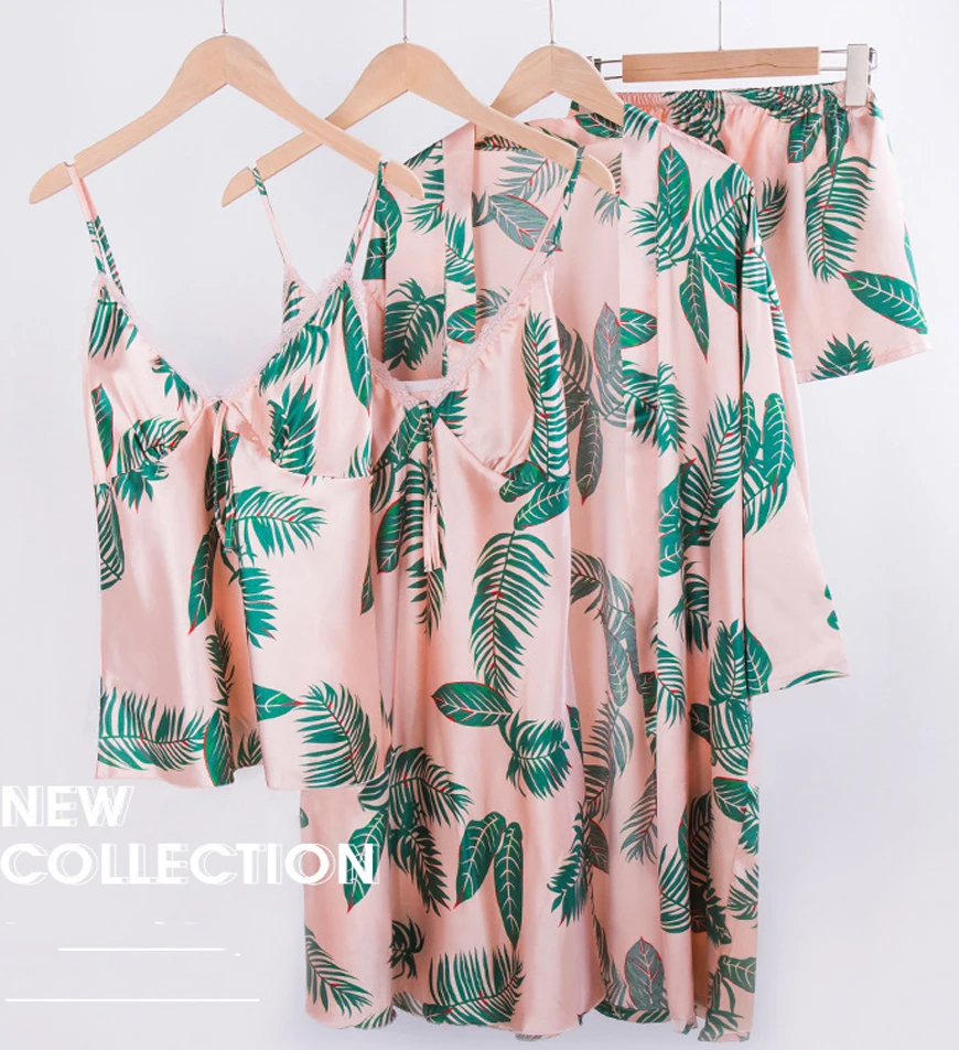 

Wholesale Satin Silk Nightwear Sleepwear 4 Pieces Set Spaghetti Strap Print Pajamas For Women, 1 colors