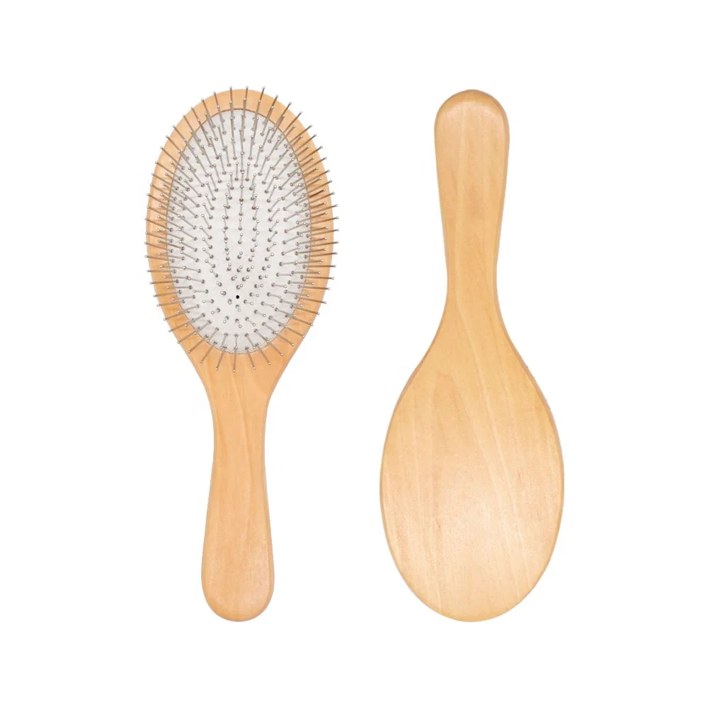 

New Arrival Custom Logo Natural Wooden Metal Pin Paddle Cushion Anti-statics Hair Detangling Brush