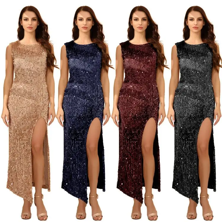 

Fashion High Quality Women Clothing Bling Sequin Dress Slit Open Leg O-neck Ladies Sexy Party Sleeveless Bodycon Maxi Dresses