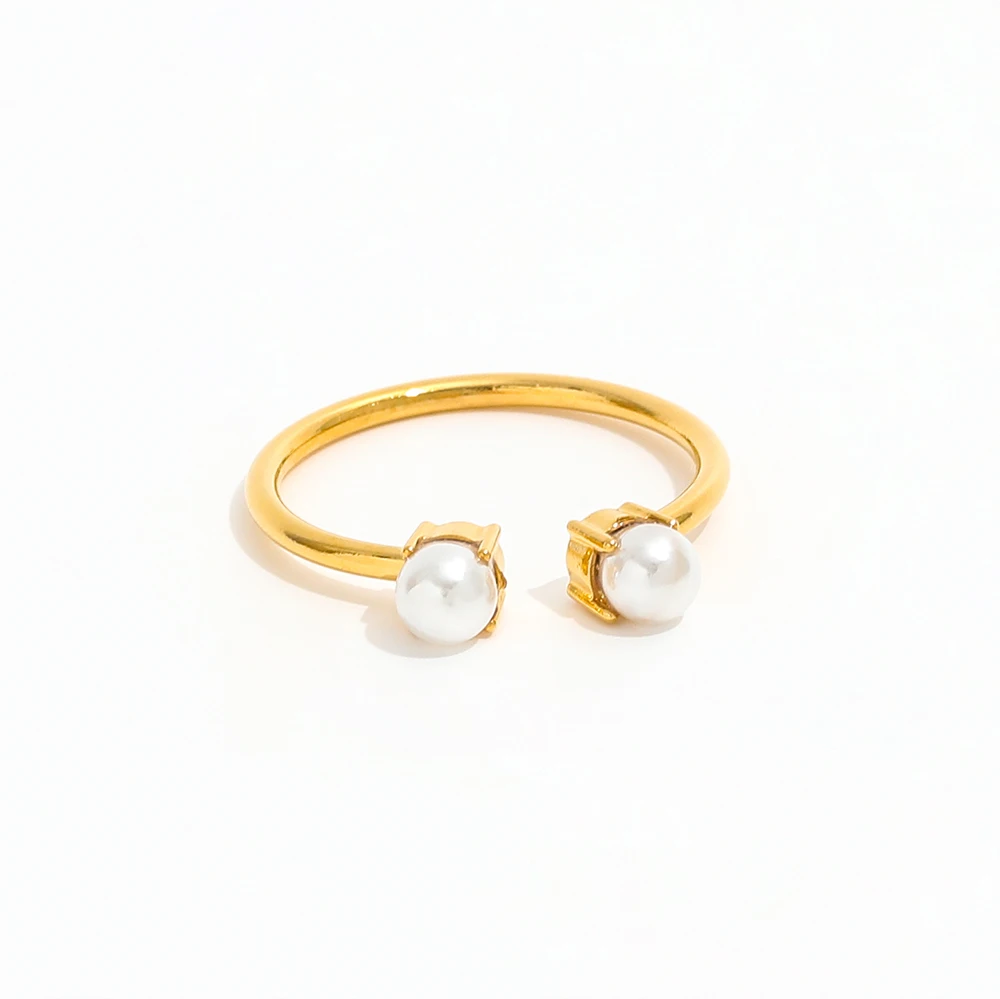 High End 18K PVD Gold Plated 2 Fresh Water Pearl Open Ring Stainless Steel Women Tarnish Free Fashion Jewelry
