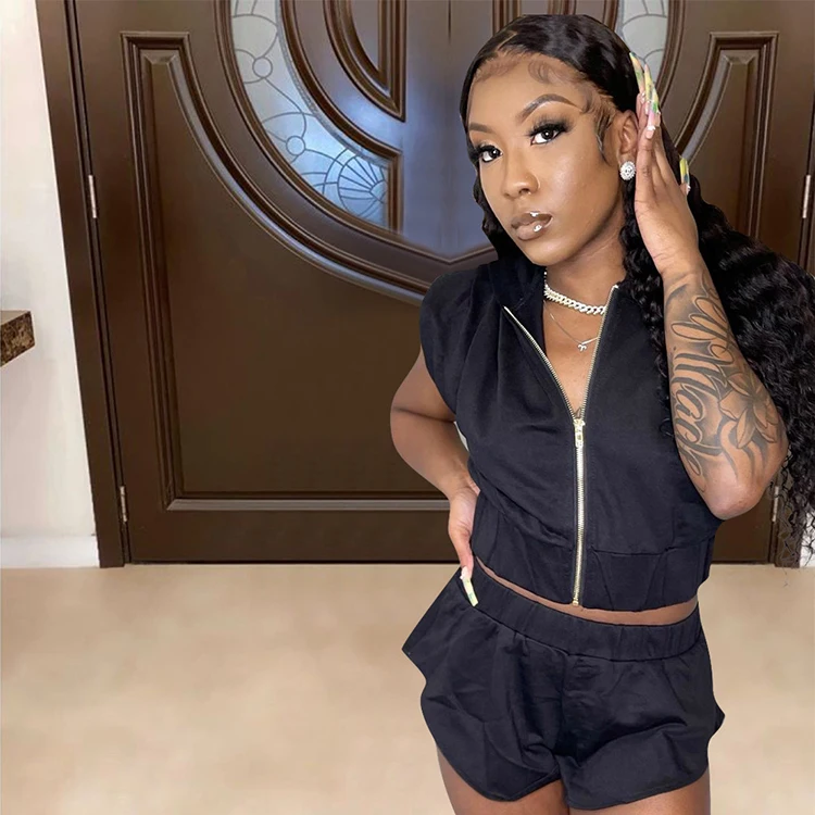 

Hot Style Women Casual Plain Black Zipper 2 Piece Short Set Sporty Hooded Collar Top With Hot Short Outfit -SM