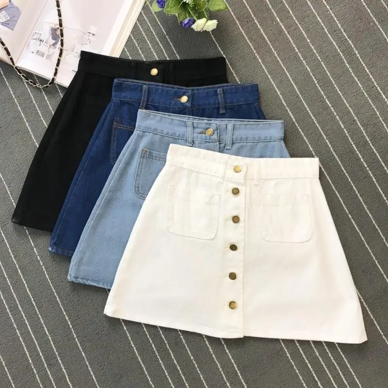 On sale 2023 summer Womens ladies A-line Jeans short Skirt Button High Waist Denim pockets Skirt harajuku mini jean skirts