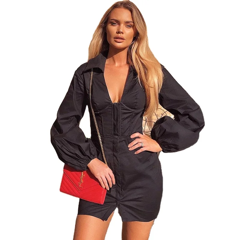 

Clothing factory wholesale women knitted miniskirts sexy dress long sleeve vintage v-neck ladies dresses, 1 colors