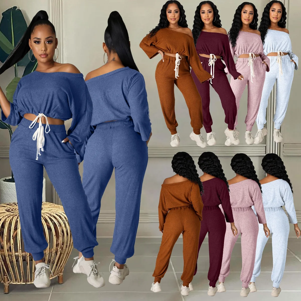 

Manufactured Autumn winter fall 2021 women clothes fashion fall set woman off shoulder sexy two piece pants set women, White/pink/rose red/peacock blue /coffee