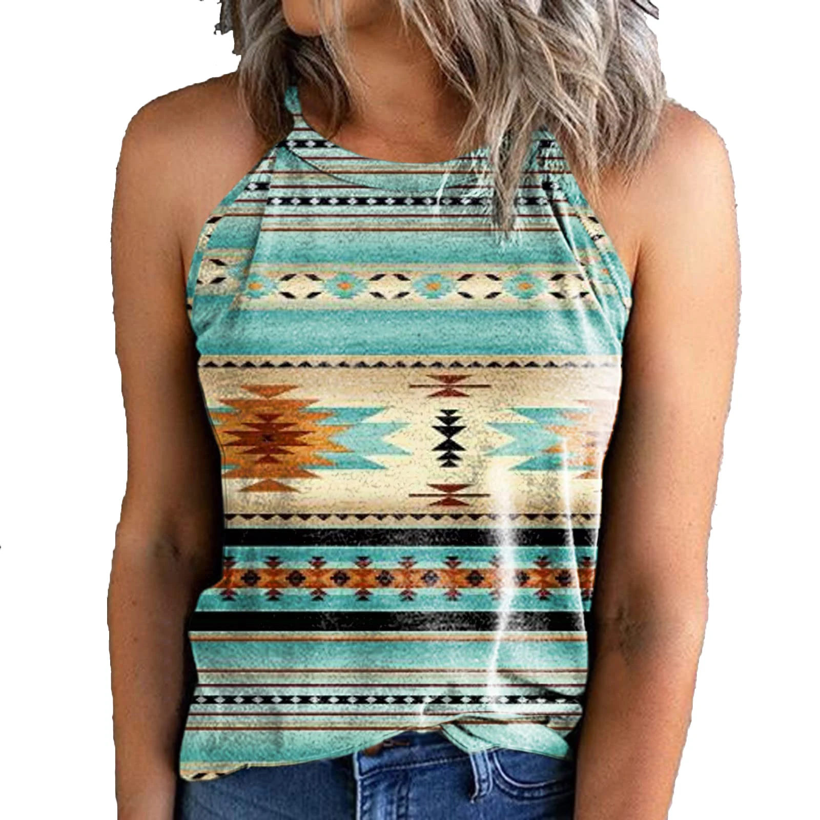 

Vintage Halter Crew Neck Tank Top Aztec Geometric Print Sleeveless Tshirt Tank Top Casual Summer Vest