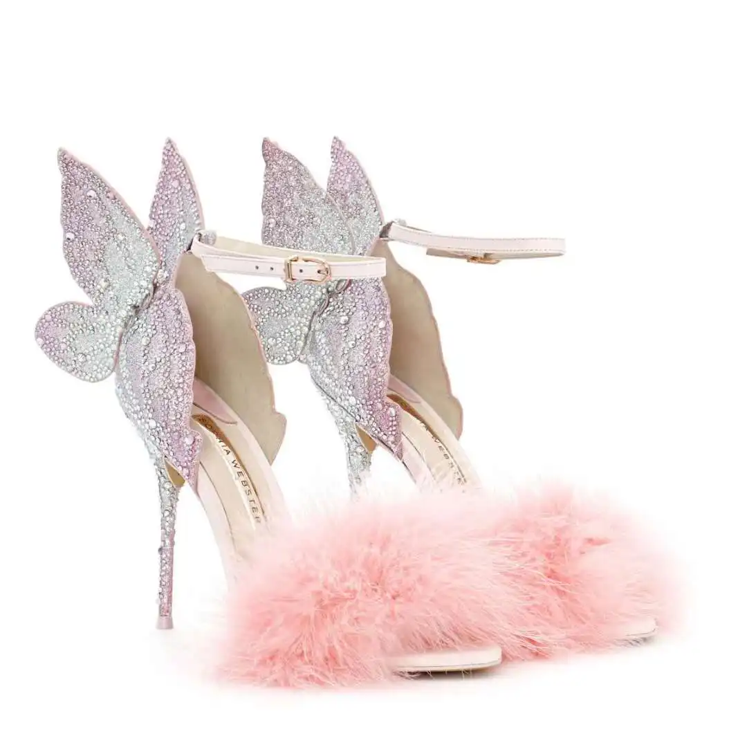 

Women High Heel Sandals Fashion Simple Plush Crystal Butterfly Shoes