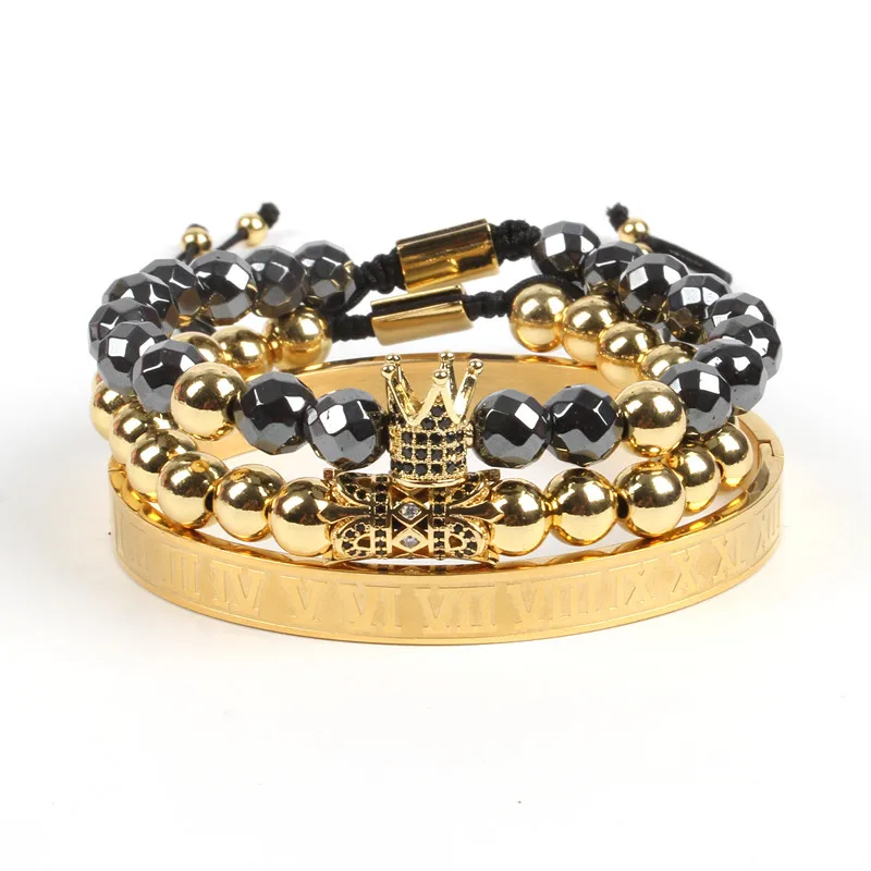 

European Hot Selling Men's Jewelry 3Pcs/Set Stainless Steel Roman Bangle Black Hematite Bead Royal Crown Macrame Bracelet Set