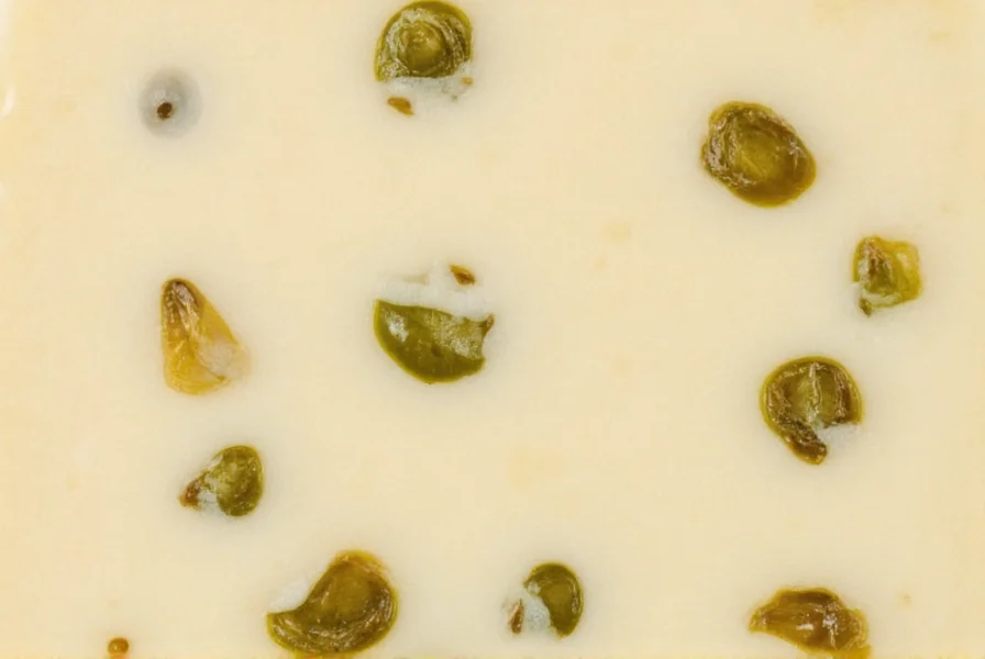 Close-up view of pepper jack cheese showing visible jalapeño pieces in creamy white cheese matrix