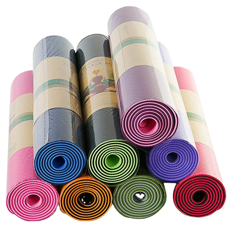 

Shenzhen Factory Price Double Layer Private Label TPE Yoga Mat Eco Friendly 6mm TPE Yoga Mat with Strap, Purple,dark blue,light green, plum or any color is available