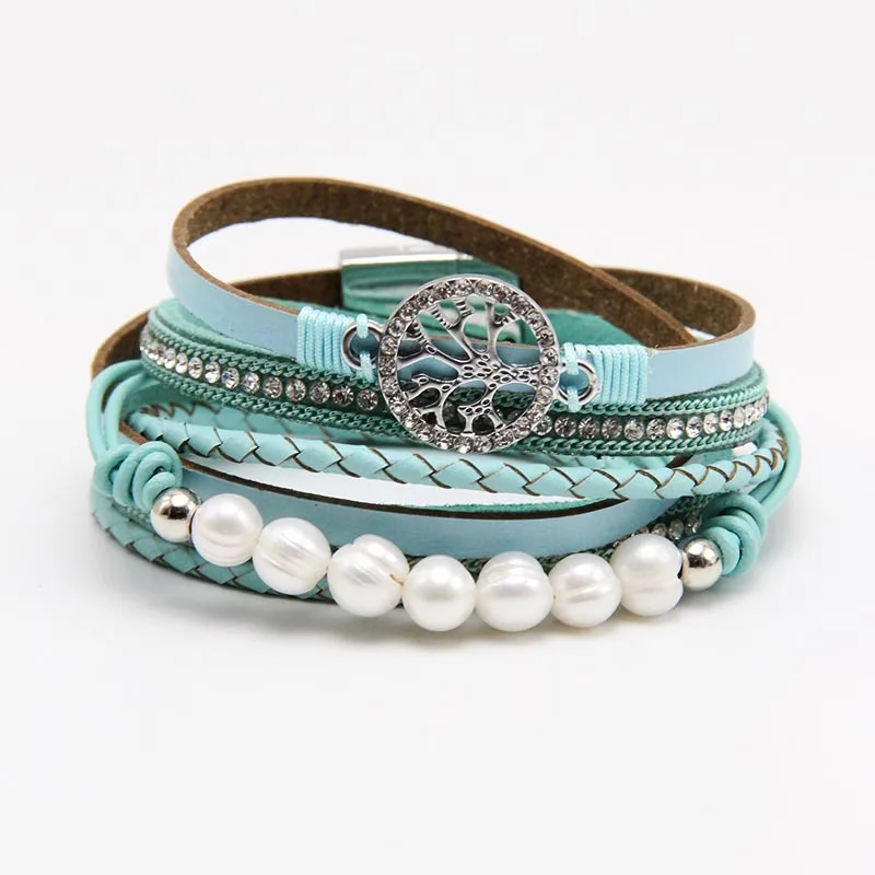 

New hollow life tree pearl magnetic buckle bracelet lady braided multilayer leather bracelet wholesale (KB8428), As picture