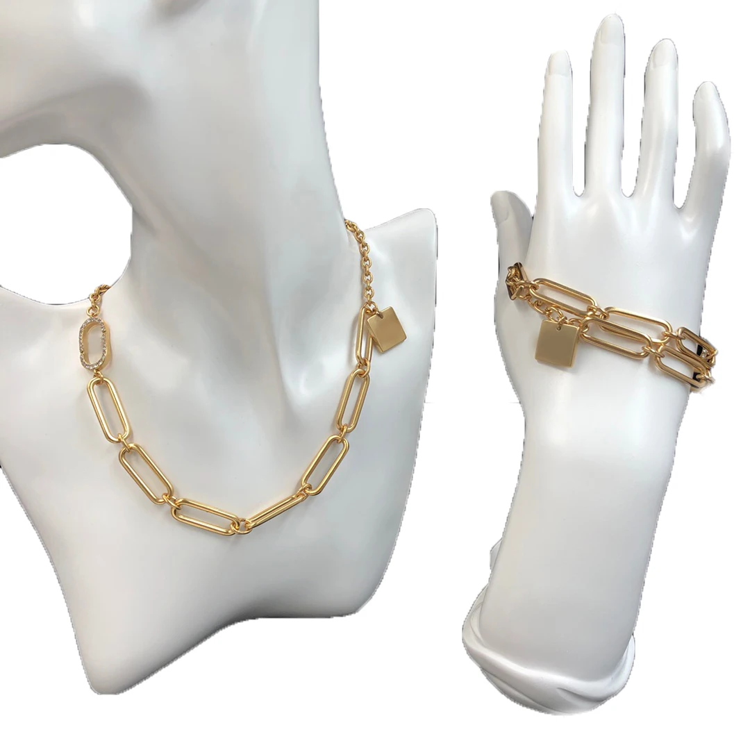 

Women Gold Choker Necklace Bracelet 2 Piece Set Fashion Chain Simple Jewelry Pendant Shining Diamond Necklace Bracelets