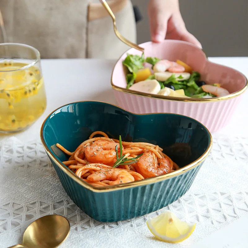 

Nordic creative love ceramic dessert snack web celebrity tableware fruit salad breakfast bowl rice bowl, Green,pink