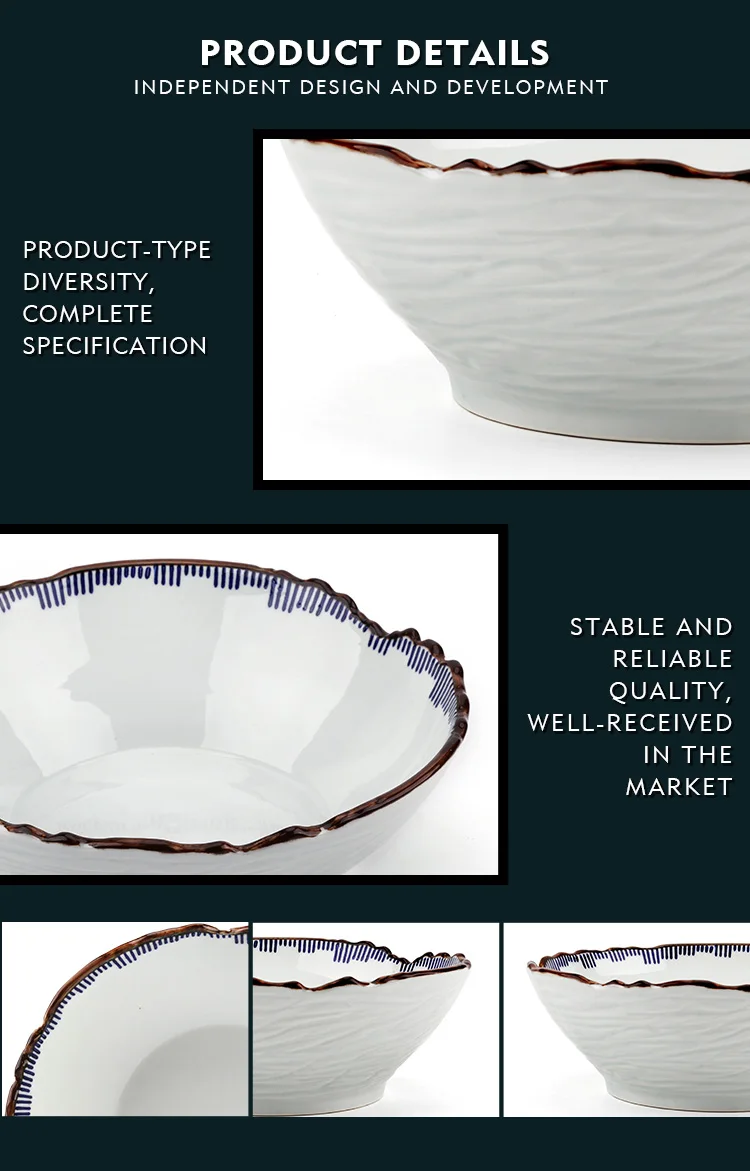 wholesale customized ramen bowl chinese style restaurant big salad bowl 10 inch white blue dinnerware ceramic bowl