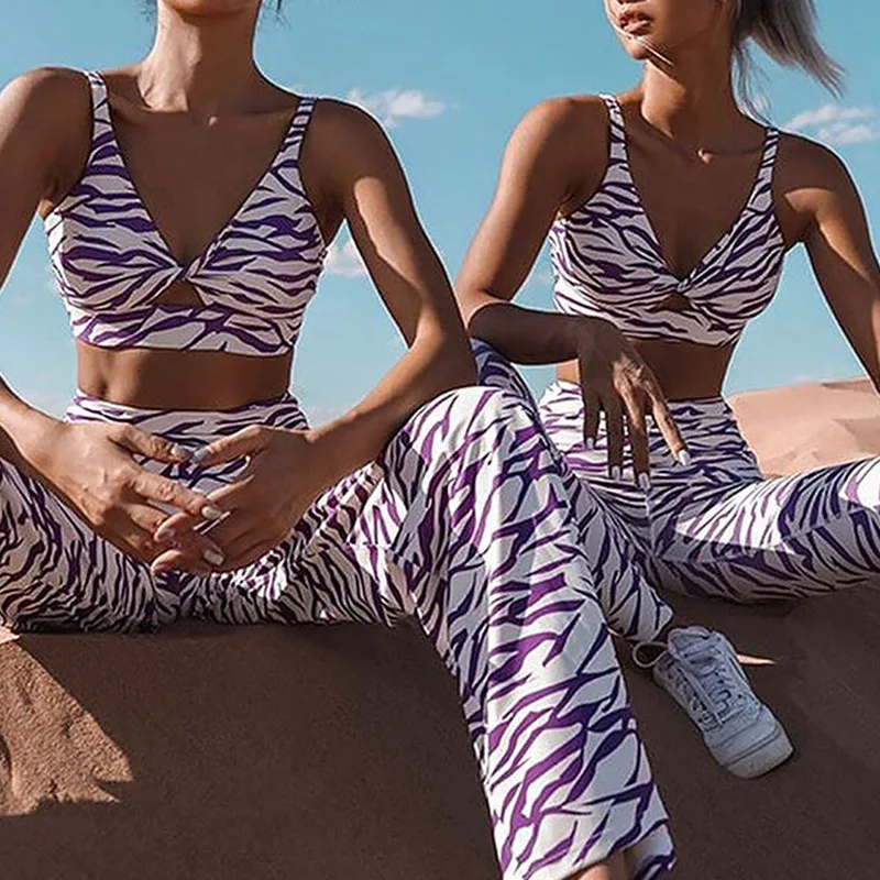 

New Striped Digital Printing Yoga Suit Zebra Leopard Skin Printed Sports Tight Two Piece Women Fitness Gym Legging 2 Pieces Set, Customized available
