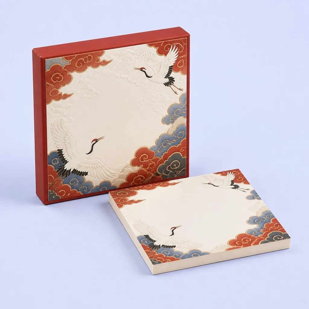 Crimson Box with Soaring Cranes and Swirling Clouds