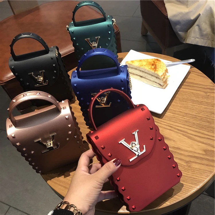 

Hot sale jelly bag colorful pvc mobile phone bag chain mini square coin purse bags women handbags, Yellow, red, green, blue, black, rose gold,