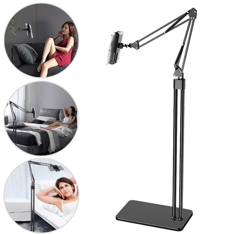 

Adjustable Height Metal Mobile Smart Phone Stand For Lazy Sofa Bed 360 degree Rotatable floor smartphone holder, Black white