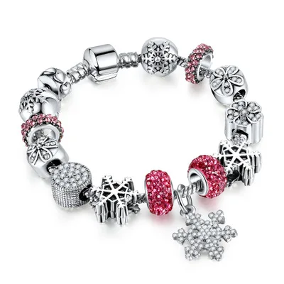 

Christmas Gift Red Crystal Large Hole Bead European Charm Bracelet Fashion Silver Plated Spacer Charm Snowflake Pendant Bracelet