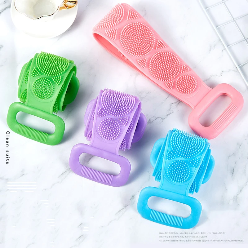 

Body Cleaning Silicone Bath Body Brush Long Rubbing Silicone Bath Belt Back Body Scrubber For Shower, Pink green blue purple