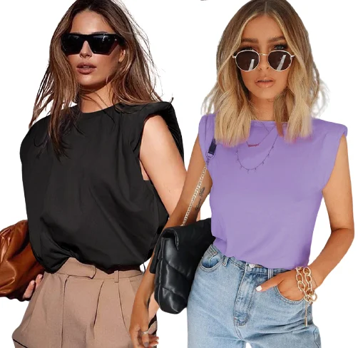 

2021 Sleeveless Shoulder Pads Solid Color Loose Fit Slim T-shirt Vest Women Summer Shirt Women T-shirt