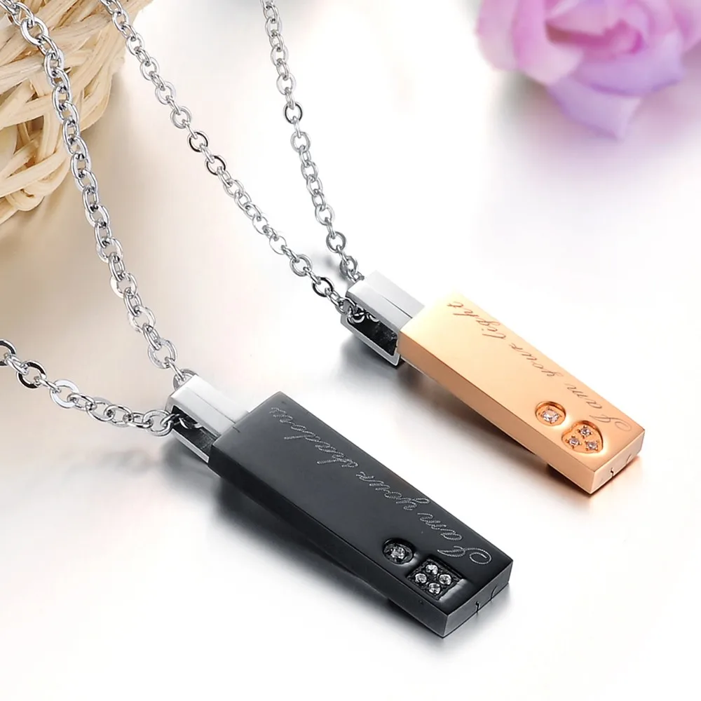 

DK His & Hers Matching Pendant Necklace Korean Style Titanium Steel Jewelry Cubic Zirconia Heart Couple Necklaces for Men Women, Black/rose gold