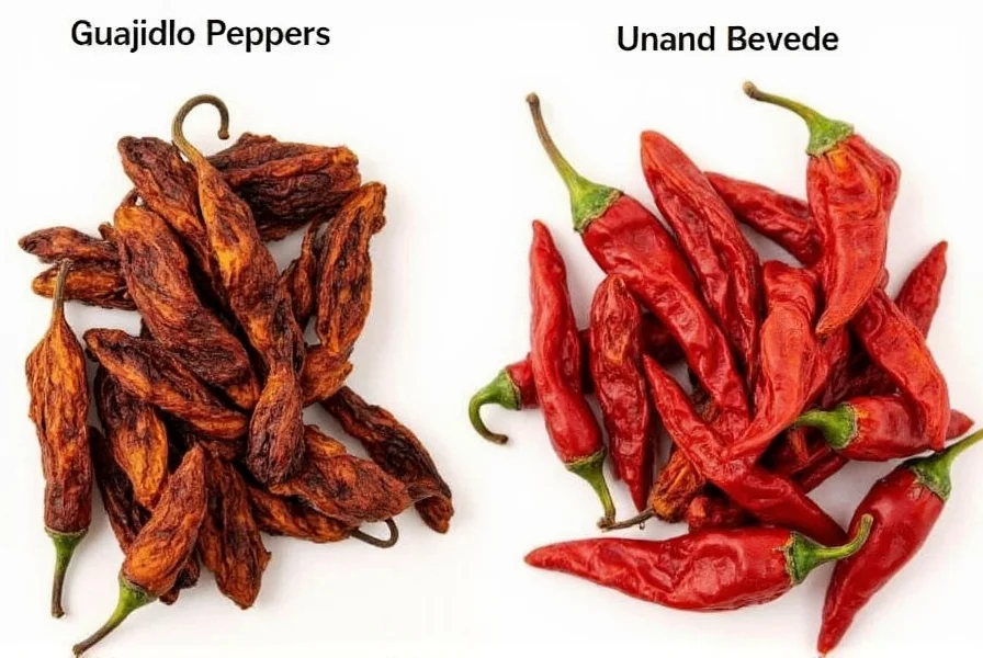 Dried guajillo peppers next to rehydrated peppers showing texture difference for ancho chili substitute comparison