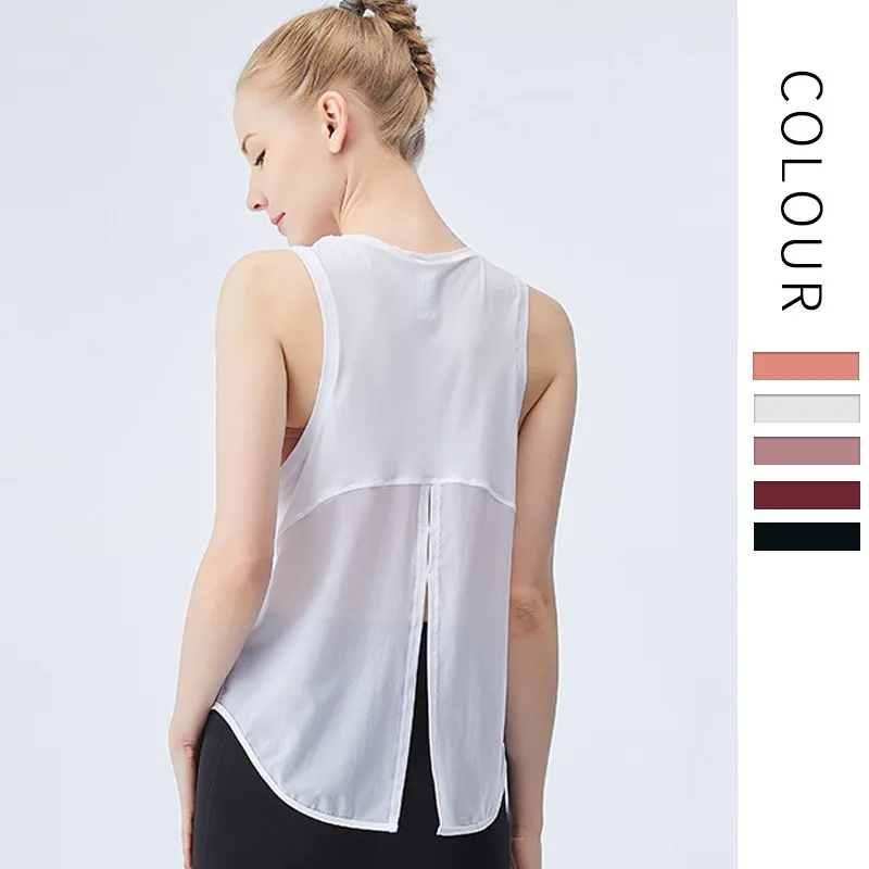 

2021 Back Mesh Patchwork Sport Vest Women Loose Fit Solid Yoga Fitness Vest Breathable O-neck Gym Athletic Tank Tops