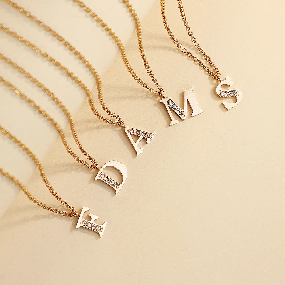 Wholesale Custom Women Jewelry Accessories Stainless Steel Diamond Alphabet Pendant Charm Letter Initial Necklace