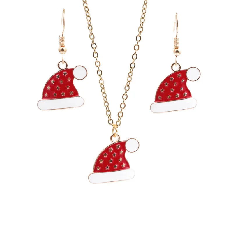 

Christmas party gift alloy dripping oil christmas hat pendant necklace earrings 18k gold jewelry set, As picture