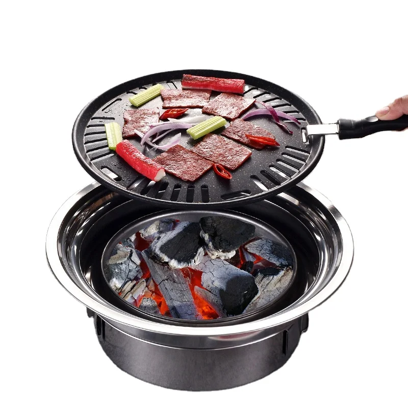 

Household Commercial Stainless steel Korean charcoal barbecue grill round portable outdoor camping smokeless barbecue grill, Silver