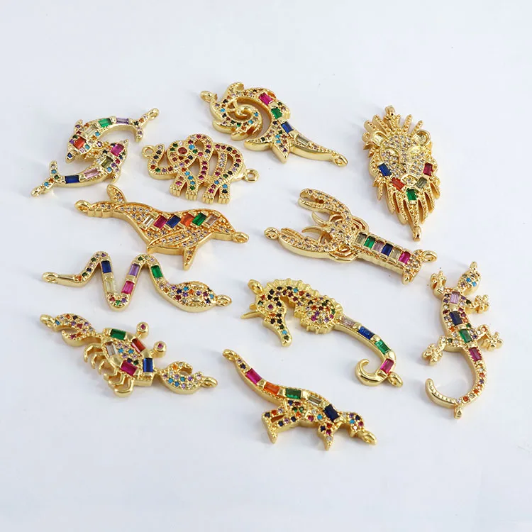 

CZ8154 Rainbow Colorful Brass Micro Pave Animal Bracelet Accessories Crocodile Snake Lion Elephant Charms