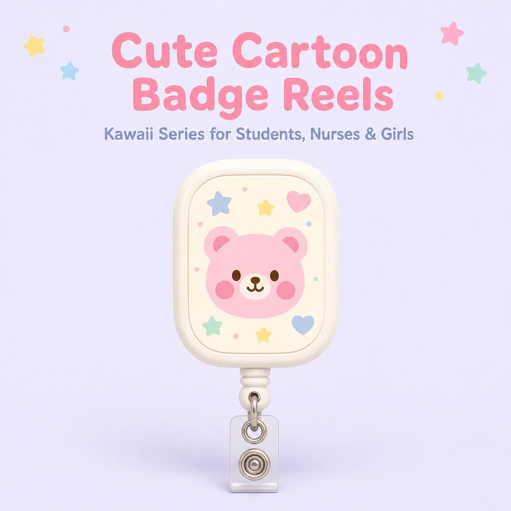 Young student wearing badge reel with puppy design on school steps