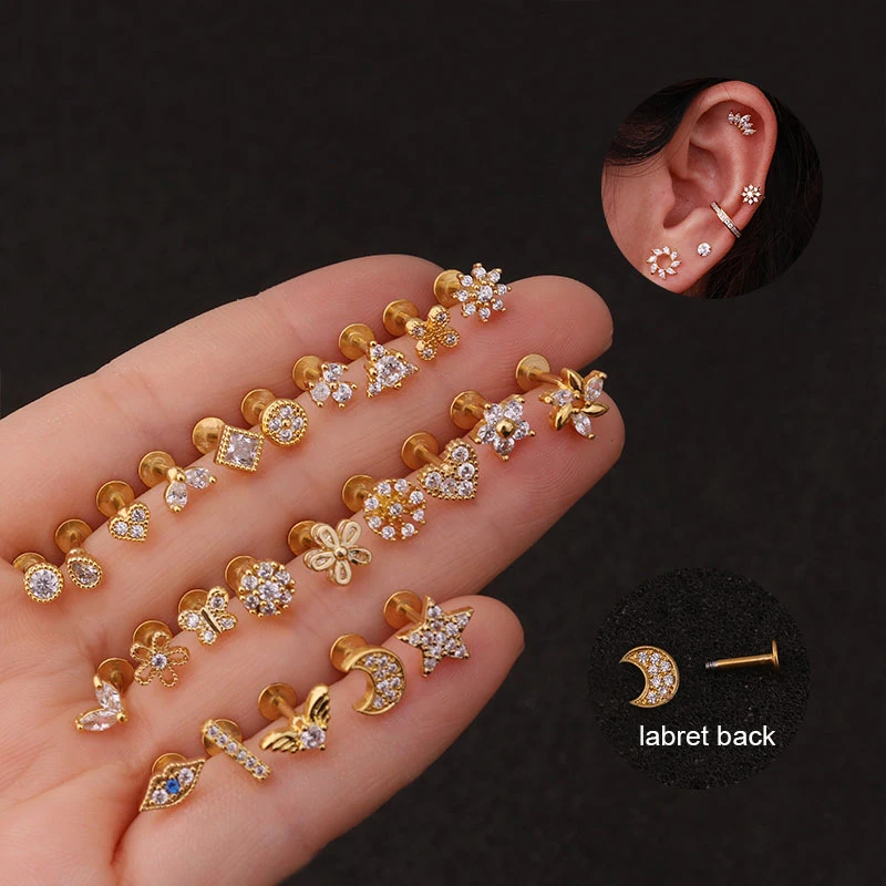 Trendy Gold Plated Stainless Steel Ear Piercing Jewelry Cz Screw Earring Set Flat Back Stud Earring For Women