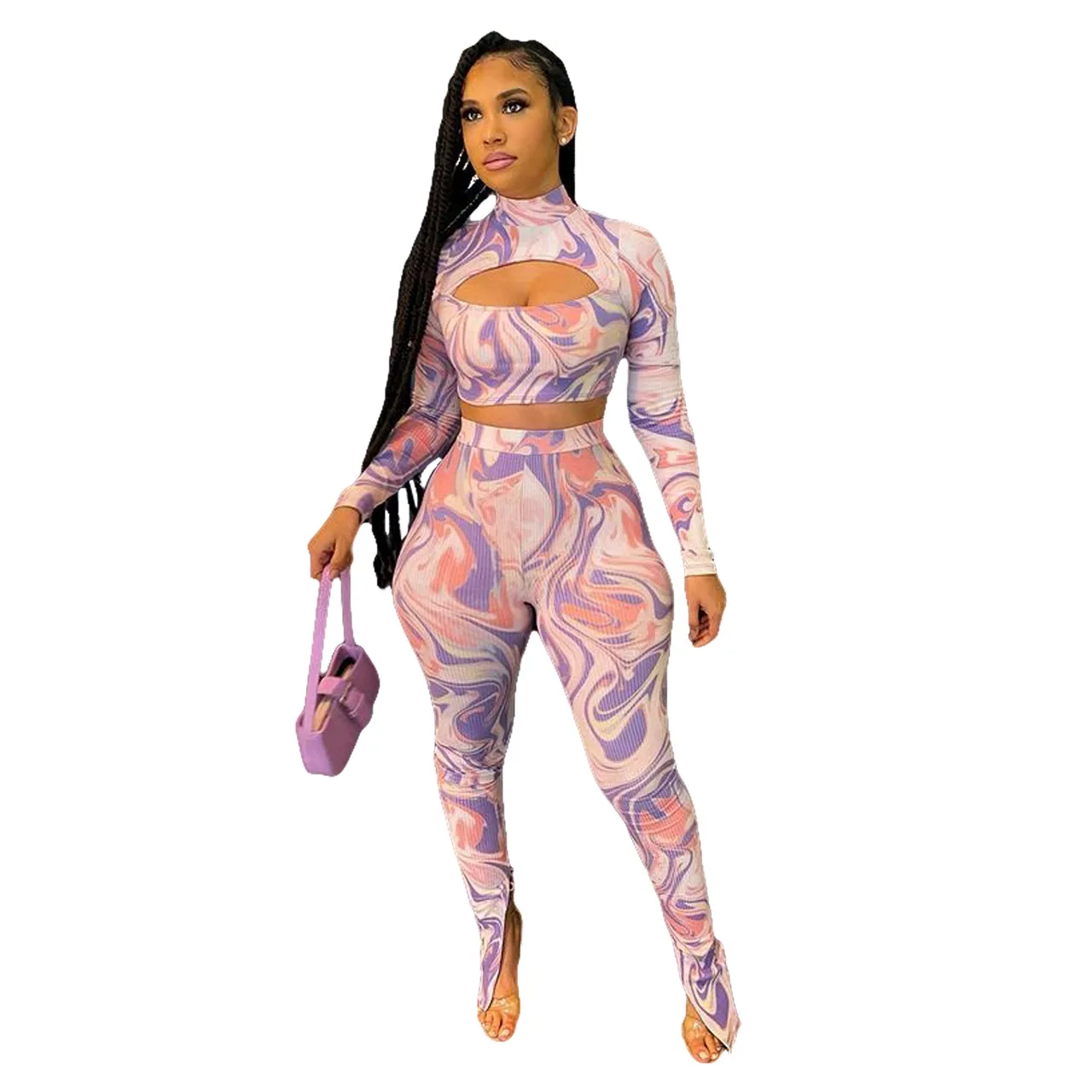 

2021 Trendy Autumn Winnter Lady Outfit Threaded Hollow Out Crop Top Flared trousers 2 Piece Pants Set Women, Pink