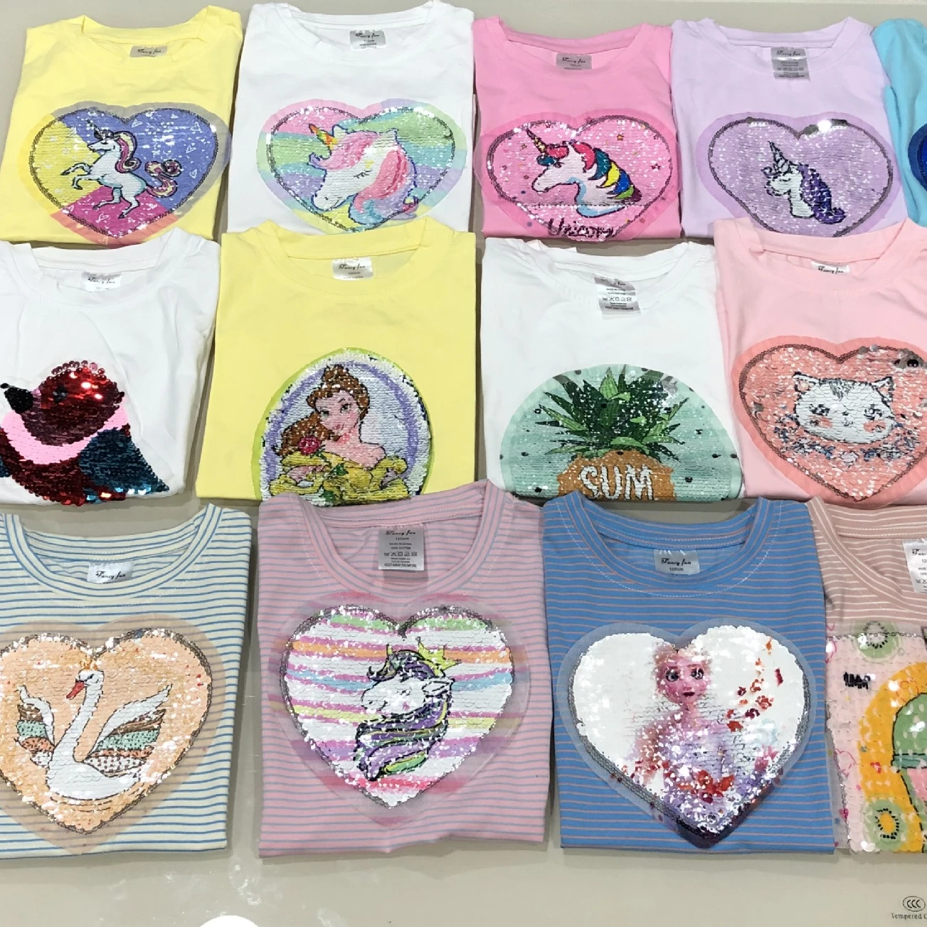 

KD-198 Super cute hot selling high quality cotton knit sequined unicorn princess print short sleeve t-shirt tops for baby girls, Multicolor as picture show