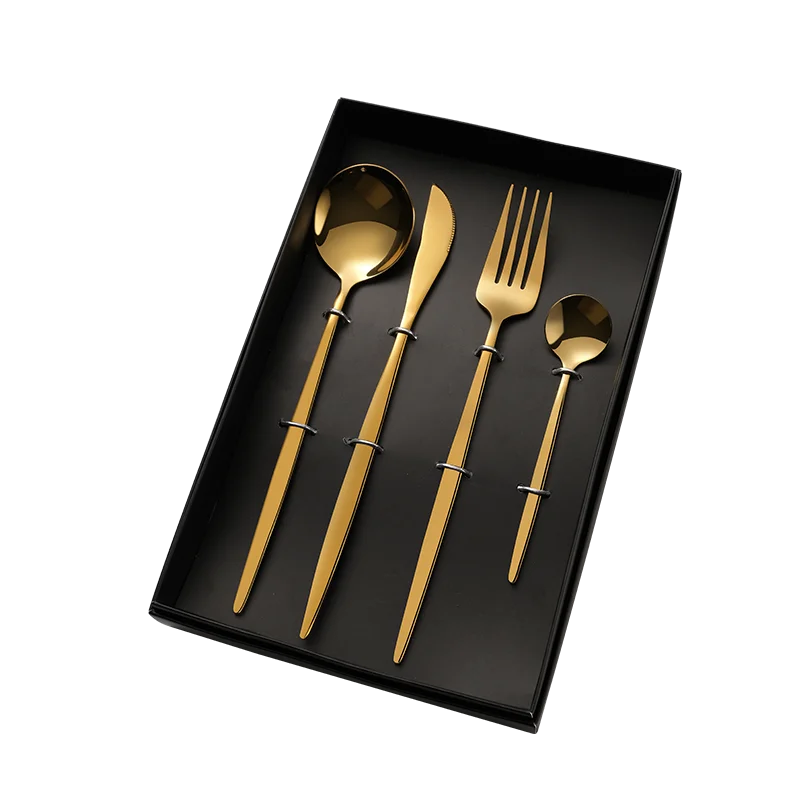 

Wedding Hot Sell Shiny Gold Flatware Spoon Fork and Knife Stainless Steel Portugal Style Cutlery Set with Gift Box, Colorful
