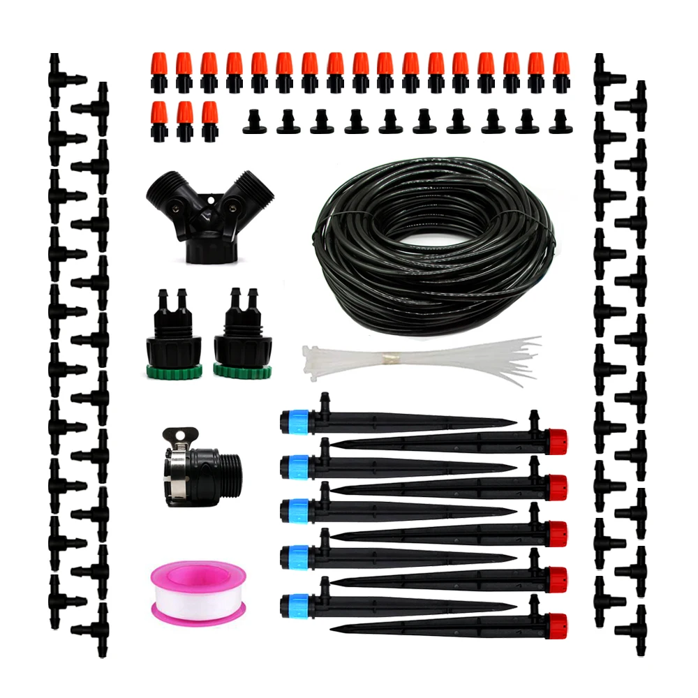 

25m greenhouse garden automatic micro watering diy rain spray drip irrigation plant kit system, Black,orange,blue,red