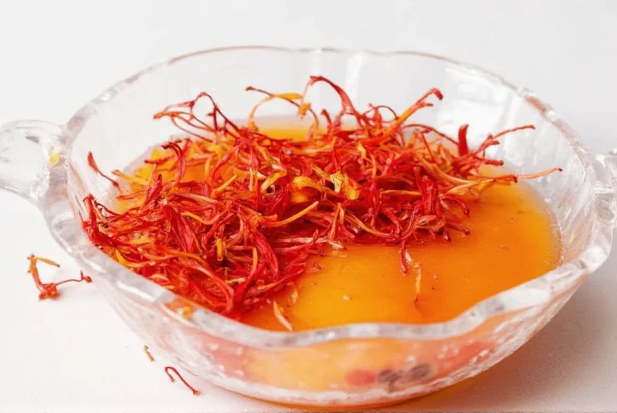 Close-up photograph of saffron threads showing their deep red color against a white background, with visible stigma structure